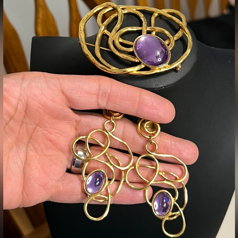 Vintage Avon Golden Web Gold Tone and Purple Cabochon Brooch and Earrings Set
